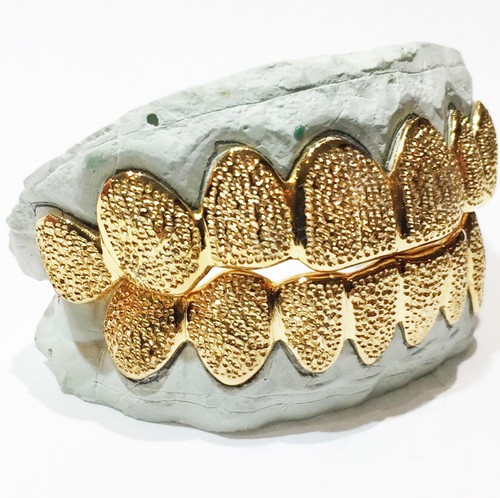 Sterling Silver W/18K Yellow Gold Plated Diamond Dust Cut Custom Fit Grillz - Picture 11 of 12