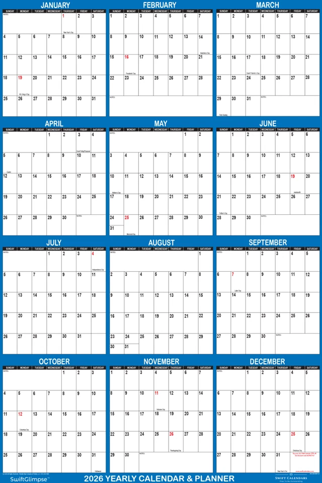 Calendario de pared anual borrable 32" x 48" SwiftGlimpse 2026 - AZUL MARINO Foto 3 de 4