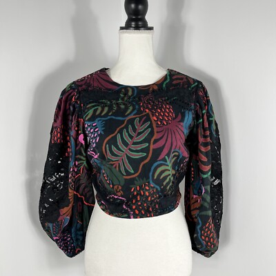 Farm Rio Frutis Dream Crop Top Size XS Balloon Sleeve Black Lace