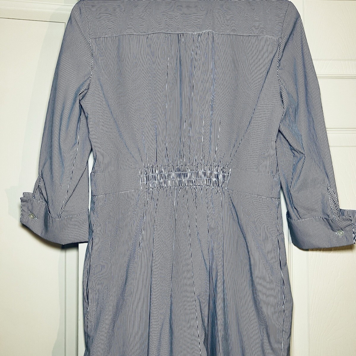 Beige by eci Jumpsuit Women Blue White Stripe Faux Wrap Pockets