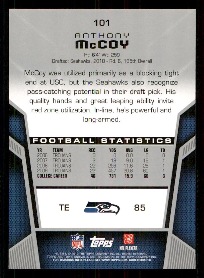 2010 Topps Unrivaled #101 Anthony McCoy RC /999 - Image 2 of 2