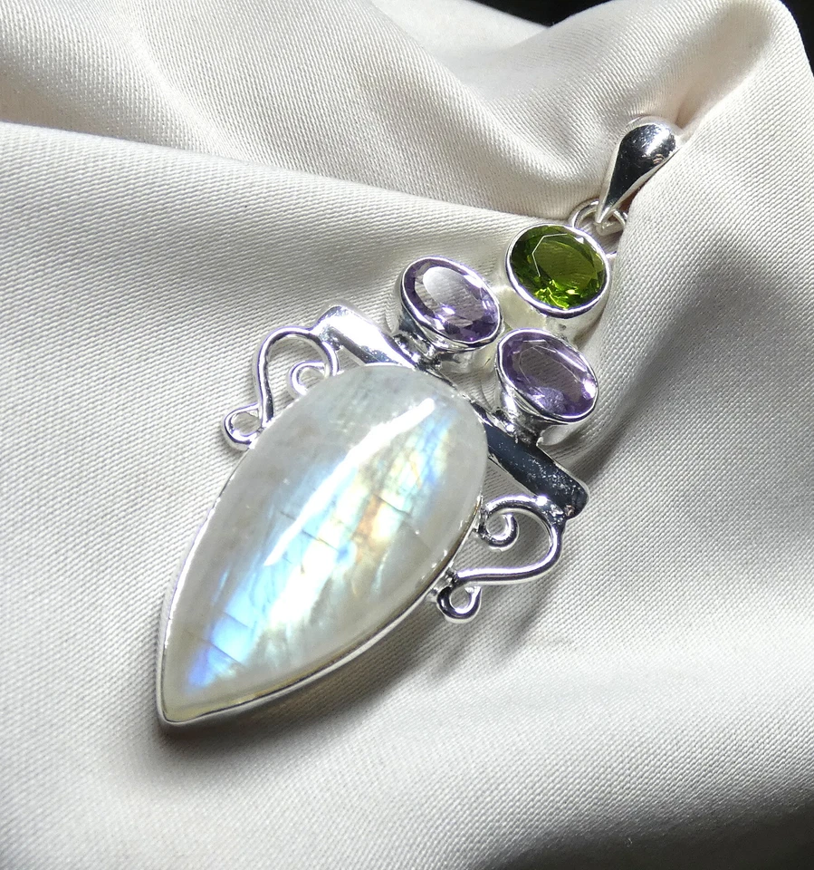 Mondstein, Amethyst, Peridot Anhänger 925 Silber großer Edeltstein Tropfen NEU - Bild 4 von 4
