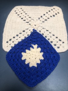 2 Vintage Hand Crocheted Potholder, Hot Pad, Square  White And Blue/white