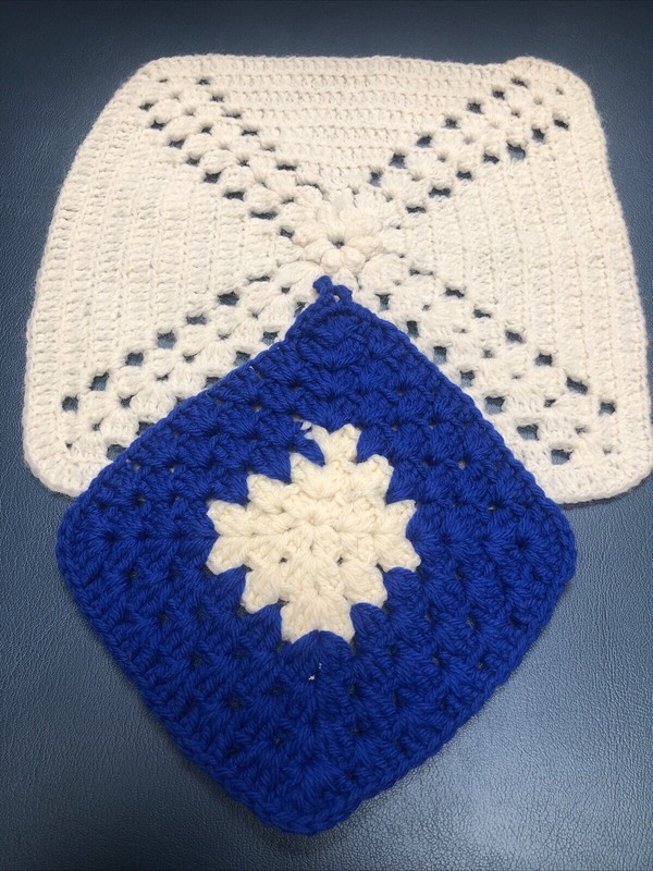 2 Vintage Hand Crocheted Potholder, Hot Pad, Square  White And Blue/white