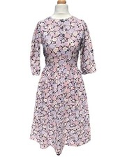 True Vintage Lilac Dark Floral Tea Dress Puff Sleeves Cottagecore Fairy UK 8