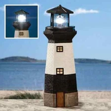 Large Solar Spinning Lantern Nautical White & Black Lighthouse Garden Statue