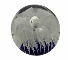 Vtg.Hand blownGlass FlowerPaperweight Blue white.Controlled Bubble Is Beautiful
