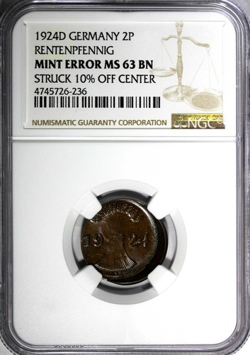 Germany-Weimar Bronze 1924 D 2 Rentenpfennig NGC MINT ERROR MS63 BN KM#31 (236) - Picture 2 of 4