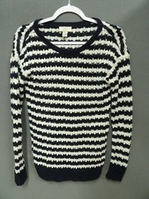 Ann Taylor LOFT Womens XS Navy Sweater Open Knit Long Sleeve Blue White Stripe