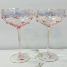 Coupe Glasses Pink Rhinestone Bow Cocktail Barware Home Bar Cart vhtf Set of 2