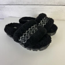 UGG Cozetta Braid Fur Trim Slide Slippers Black Open Toe Women's Size 6