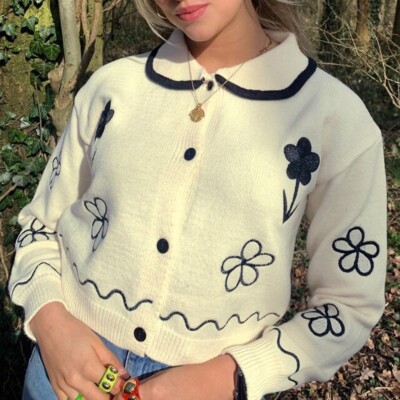 Cardigan Femme Col Peter Pan Blanc - Tricoté, Broderies, Manches Bouffantes, Taille Unique