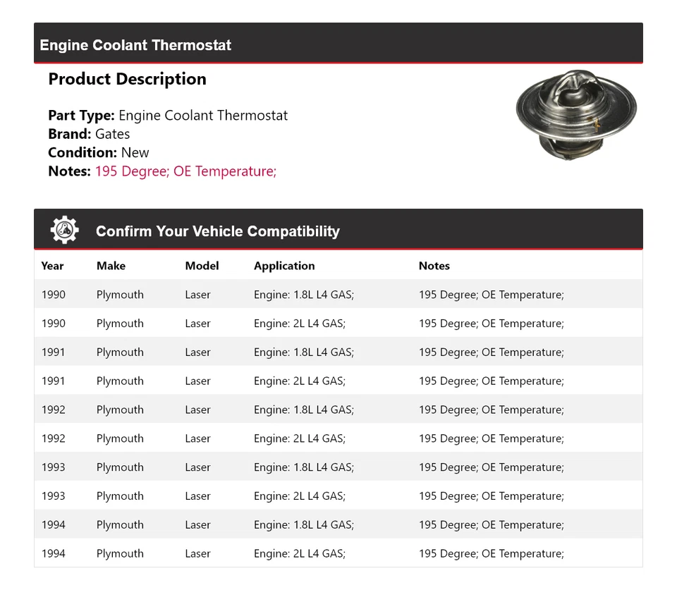Portões termostato líquido refrigerante motor laser Plymouth 1990-1994 1991 1992 1993 - Imagem 2 de 4