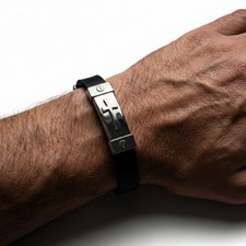 Men's Silver Cross-Inlay Stainless Steel Bracelet