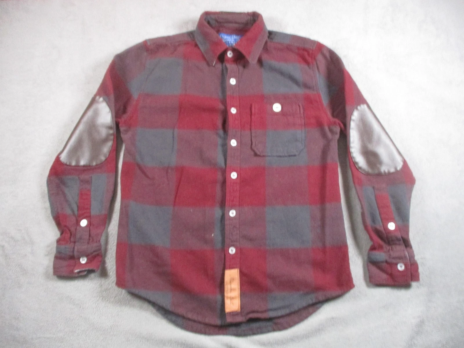 Maroon Bell Outdoor Shirt Mens Medium Red Gray Plaid Elbow Patch Flannel