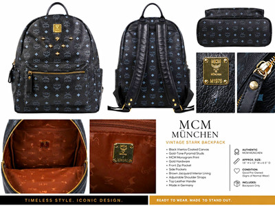 Vintage MCM München Visetos Studded Stark Backpack Black   Gold Pyramid Studs.