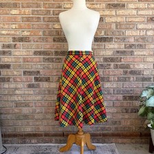 Vintage 60s Tartan Plaid Skirt Handmade Red Yellow Green Holiday XS 24" waist