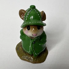 Wee Forest Folk APRIL SHOWERS Mouse In Green Raincoat Mini Figurine Signed -Flaw