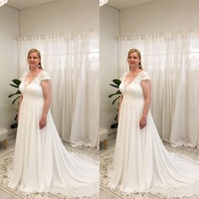 Chiffon Wedding Dresses Short Sleeves Lace Plus Size Sweep Train Bridal Gown