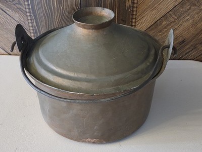 Rare Antique Large Tinned Hand Hammered Copper Stew Pot with Dutch Style Lid