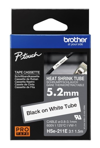 Brother Genuine Pro Tape HSe-211E Heat Shrink Tubing - Black on White, 5.2mm Wid - 第 1/7 張圖片