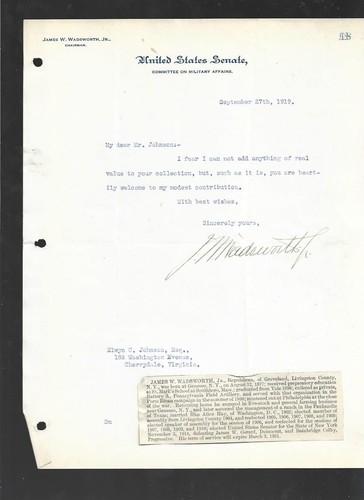 1918 hand signed on US Senate Stationary James W Wadsworth Sen From  New York - Picture 1 of 2