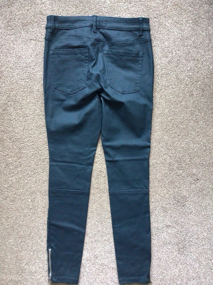 NEXT PETITE BOTTLE GREEN SKINNY HIGH RISE FAUX LEATHER TROUSERS ZIP CUFFSIZE 12  - Image 4 of 4