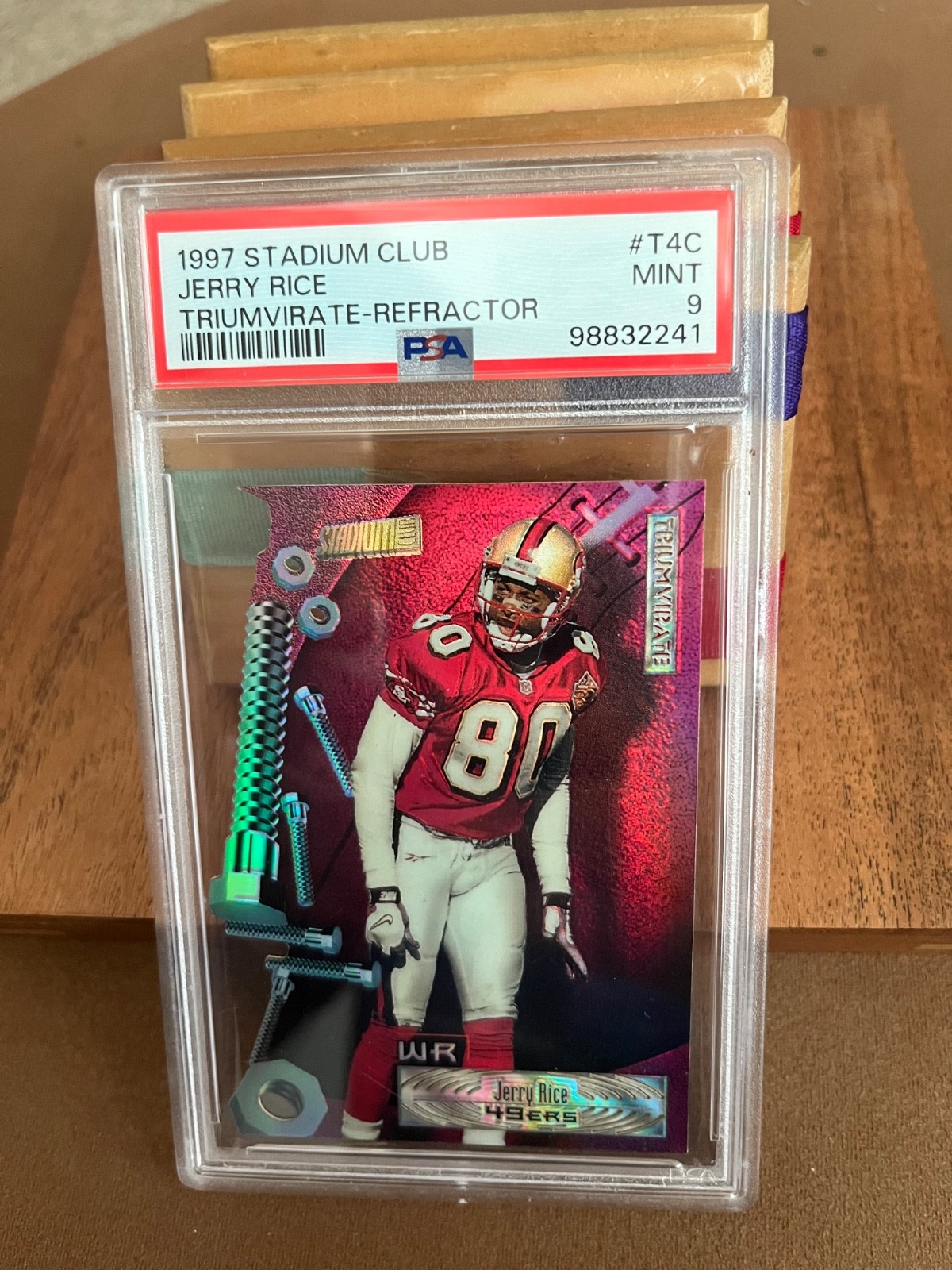 1997 stadium club jerry rice triumvirate refractor #t4c PSA 9 view 1