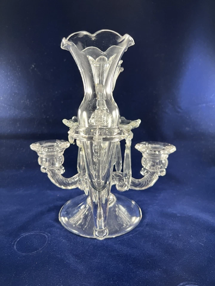 Candelabro vintage Cambridge Glass Epergne 3 candelabros jarrón prismas de capricho Foto 2 de 4