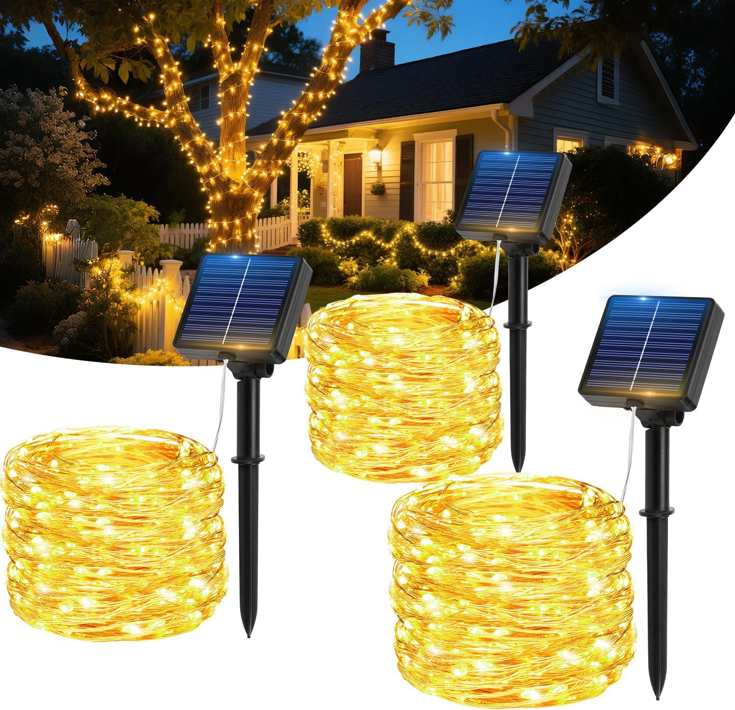 3x Catena Luminosa Esterna Solare IP65 150 LED 17 Metri 8 Modi