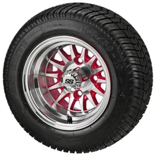 (4) Golf Cart 205/50-10 Low Profile Tires on 10x7 Machined/Red 14-Spoke Wheels