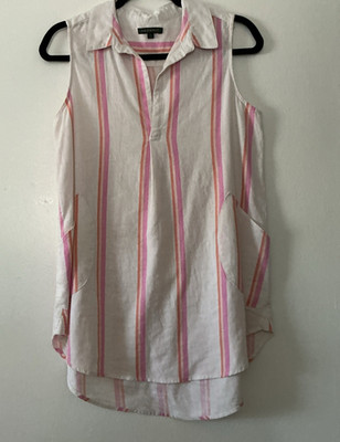 For Cynthia M Top Linen Sleeveless White Pink Orange Striped Resort Wear Spa
