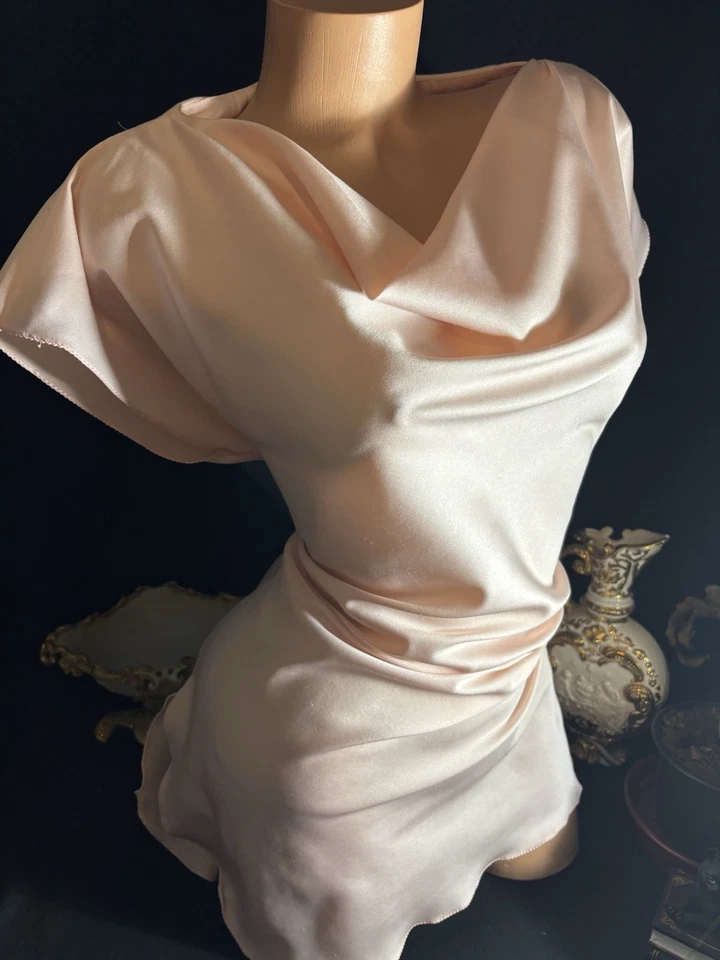 De Colección Satén Rosa Brillante Camisón Vestido Túnica TOP Vestido Capucha Cuello Camisón Vestido Foto 2 de 4