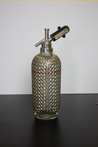 Vintage Sparklets London Glass Seltzer Bottle Siphon Wire Mesh Bar Decor