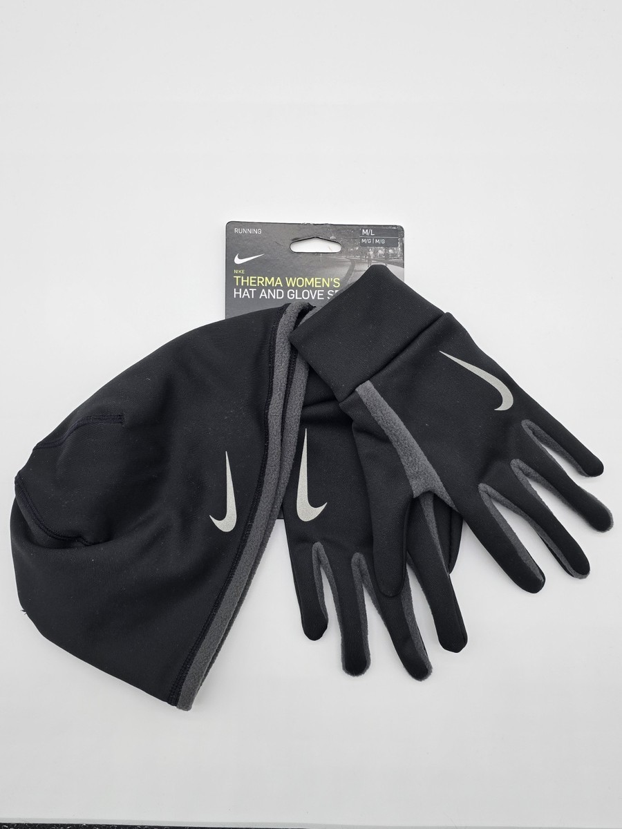 NWT Nike Therma Women's Black/Gray Hat And Glove Set Size M/L