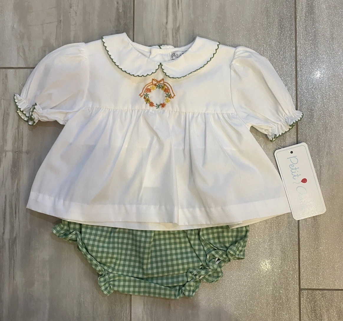 New! Petit Ami Embroidered Fall Wreath Cotton Blend Gingham Diaper Set, Girls 6M