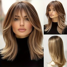 Brown with Ash Blonde Highlight Wigs with Bangs 100 Human Hair Lace Front Wigs