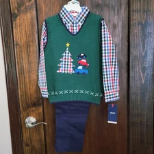 New Toddler Boy 3pc Holiday Outfit Sz 5t By IZOD Long Sleeve Vest Pants