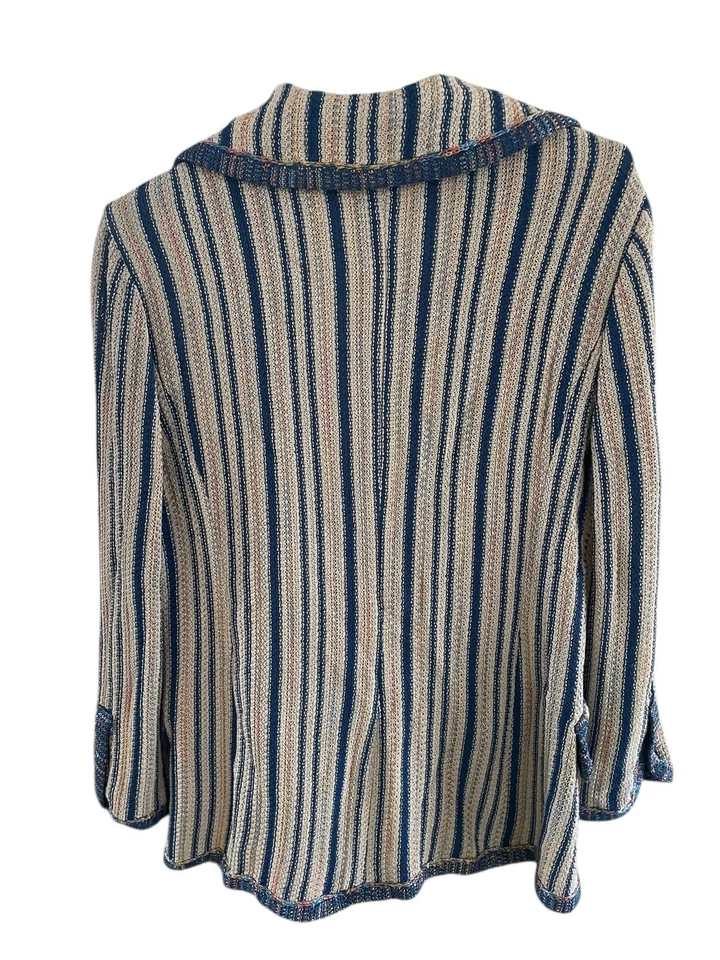 Cárdigan Blazer Chaqueta M MISSONI Talla 12 XL Azul Taupe Rayas Tejido Silencioso Lujo Foto 3 de 4