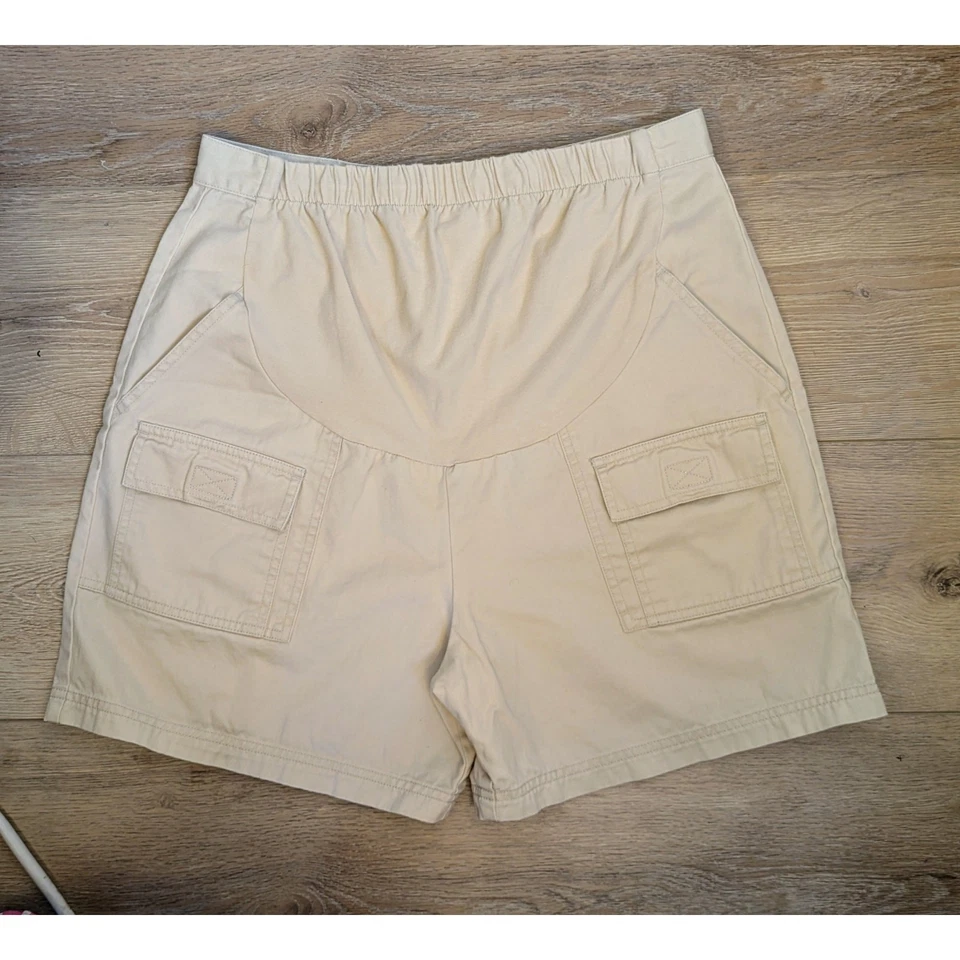 Motherhood Maternity Cargo Shorts Medium Tan Cotton Chino High Rise Elastic - Image 2 of 4