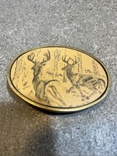 Vintage BTS 1978 Solid Brass Deer Stag Oval Belt Buckle USA Made 3.25  x2.25  