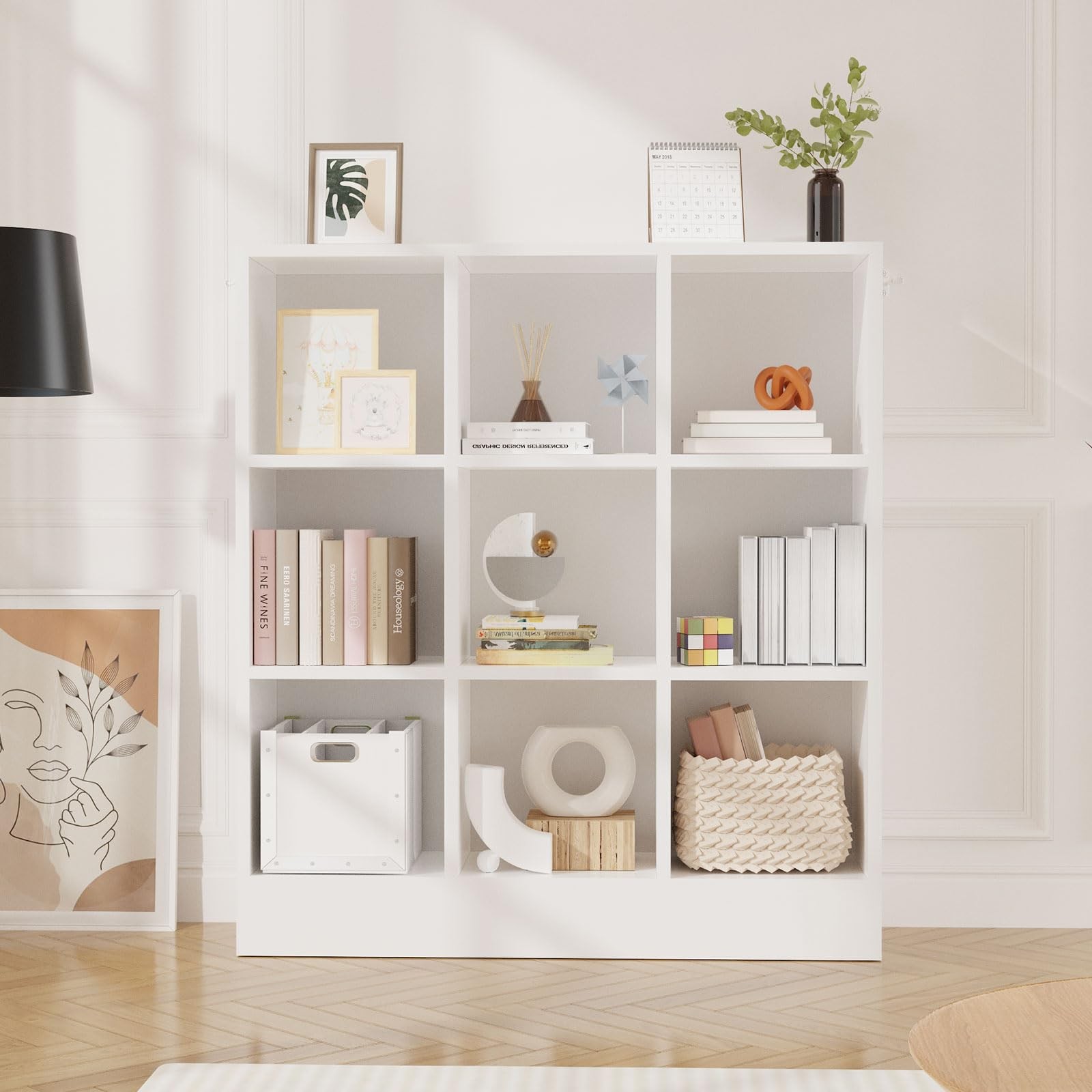 9-Cube Open Bookcase with Closed Back Panel, 3-Tier Floor Shelf Storage Unit