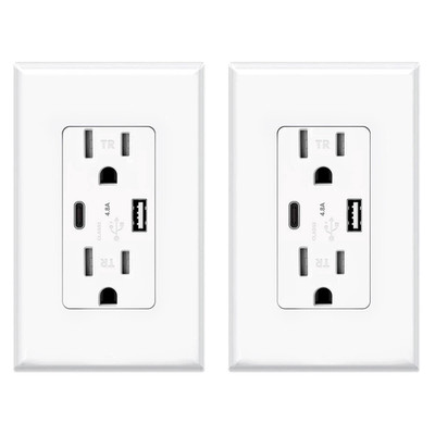 USB C Outlet smart Charger 4.8A Duplex Receptacle 15A 125V Tamper Resistant 2 pk