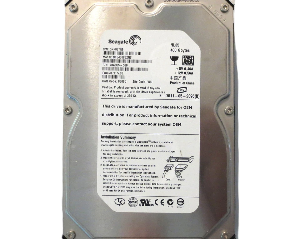 Seagate ST3400832NS 9BA385-500 5.00 (5NF) WU China 400gb 3.5" Sata HDD AUG/2005 - Image 2 of 3