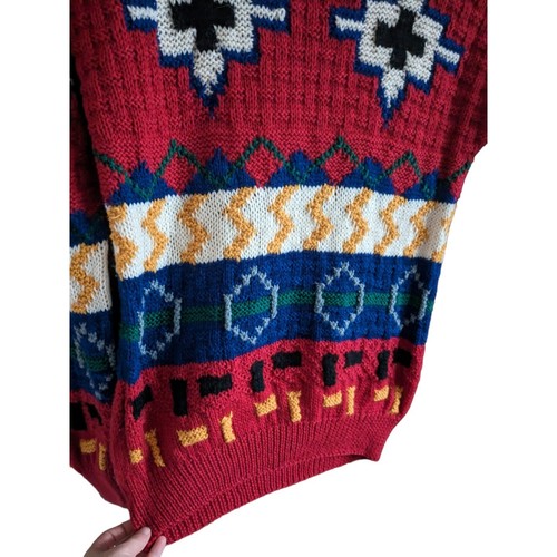 Vtg 80s/90s L/XL Coogi-Style Cosby Wool Sweater Aztec Southwest Grandpa Red Blue - Picture 12 of 14