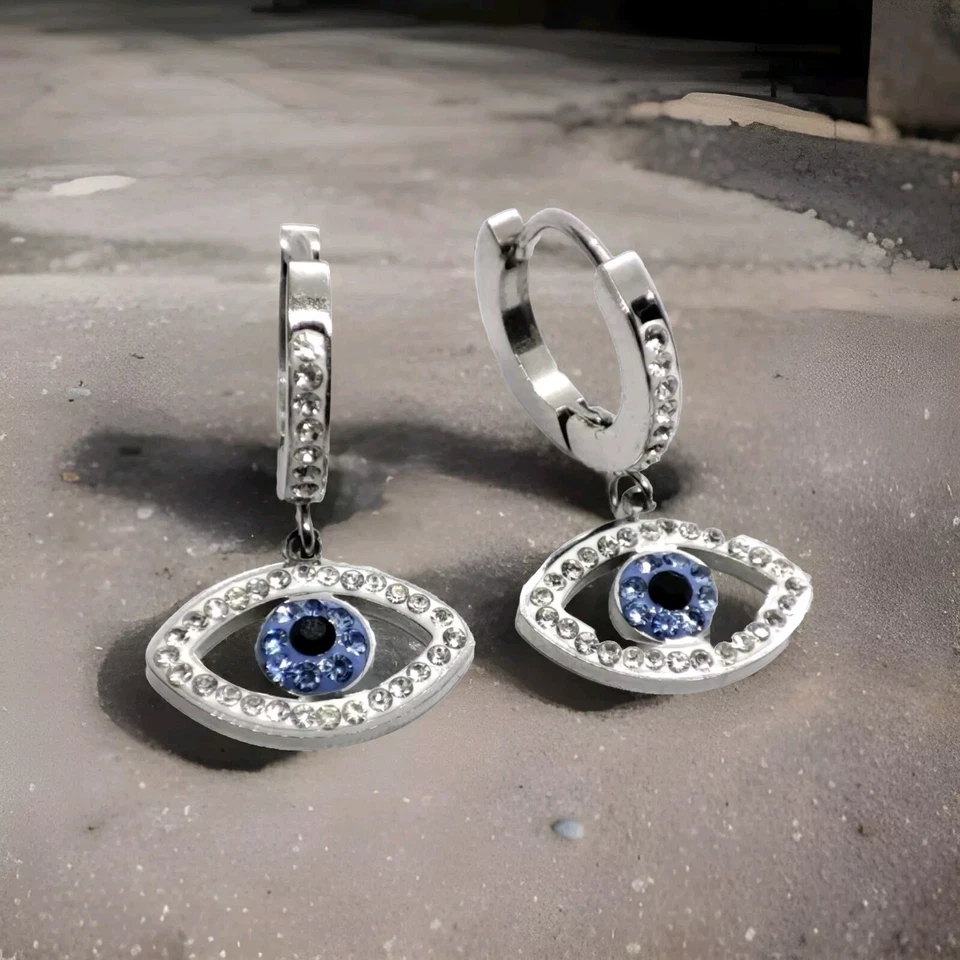 Orecchini Donna Acciaio con Zirconi. Orecchini Uomo Cerchio Con Occhio Greco - Immagine 2 di 4
