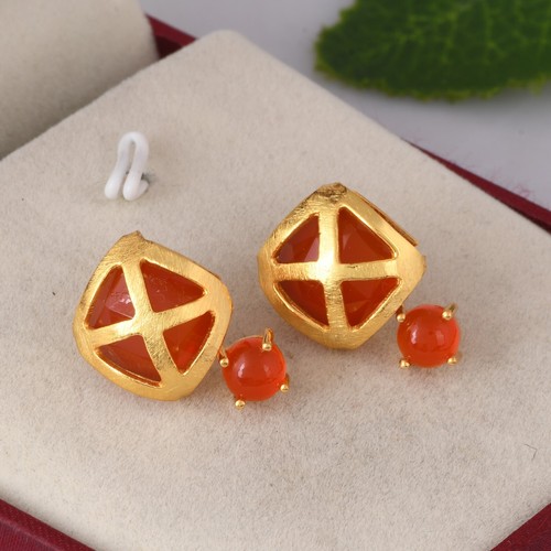 Carnelian Set Turkish Style Designer Stud Gold Earrings Jewelry For Women Gifts - Picture 5 of 11