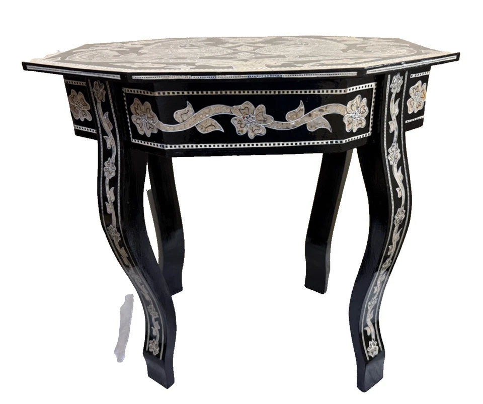 Handmade Wooden End Table Carving Wood Table Home Decor Mother of Pearl Inlay - Image 4 of 4