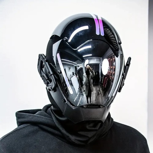 Futuristic Samurai Mask - Black w/ Reflective Face Shield & Iridescent Accents