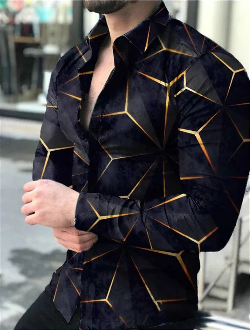 Button Up Shirt Men Black Gold Graphic Contrast Party Long Sleeve